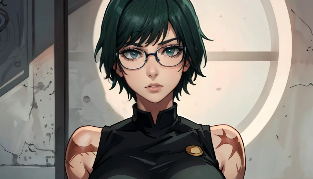 (masterpiece:1.2, best quality:1.2, beautiful, high quality, highres:1.1), detailed, short hair, short fluffy hair, short green hair, extremely detailed 4K, perfect eyes, perfect face, scar on body, circle glasses, Maki Zenin LoRA, black shirt, scar on eye, scars, sleeveless, crop top, beautiful face, perfect lighting, (1girl, solo, adult female, mature female), thin, lithe body, Maki Zenin, green hair, glasses, (big breasts), ((sensual seductive))