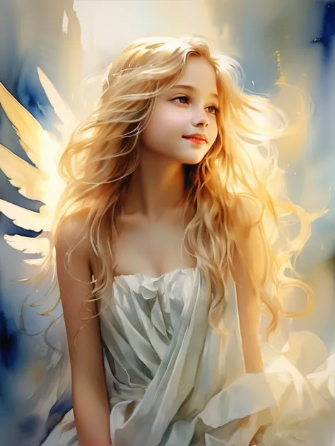 (((watercolor)))1 angel girl facing forward, beautiful wings on the back、blonde, long hair, alone、smile、magic, strapless white d...