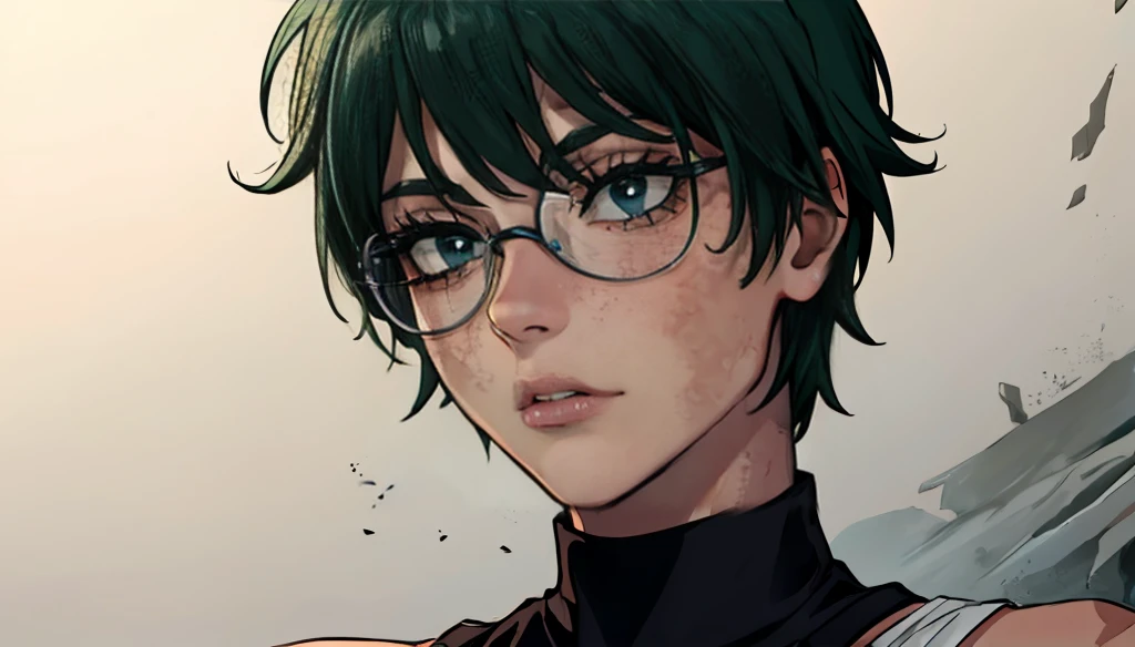 (masterpiece:1.2, best quality:1.2, beautiful, high quality, highres:1.1), detailed, short hair, short fluffy hair, short green hair, extremely detailed 4K, perfect eyes, perfect face, bandage on eye, scar on eye, Maki Zenin, scar on body, circle glasses, Maki Zenin LoRA, black shirt, scar on eye, scars, sleeveless, crop top, beautiful face, perfect lighting, (1girl, solo, adult female, mature female), thin, lithe body, Maki Zenin, green hair, glasses, (big breasts), ((sensual seductive))