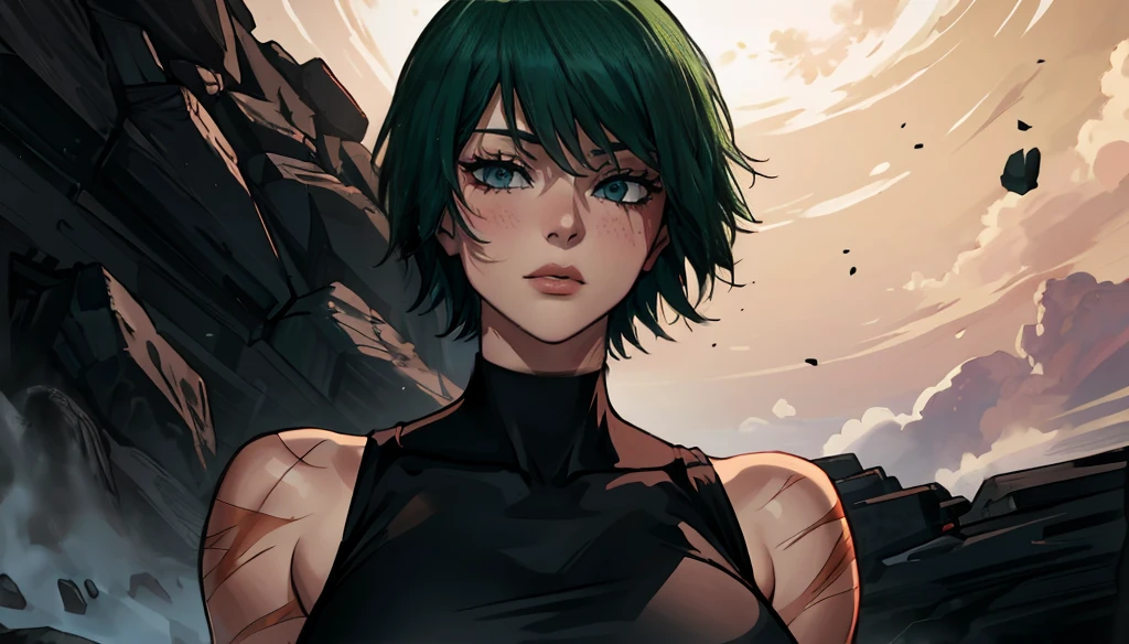 (masterpiece:1.2, best quality:1.2, beautiful, high quality, highres:1.1), detailed, short hair, short fluffy hair, short green hair, extremely detailed 4K, perfect eyes, perfect face, bandage on eye, scar on eye, Maki Zenin, scar on body, circle glasses, Maki Zenin LoRA, black shirt, scar on eye, scars, sleeveless, crop top, beautiful face, perfect lighting, (1girl, solo, adult female, mature female), thin, lithe body, Maki Zenin, green hair, glasses, (big breasts), ((sensual seductive))