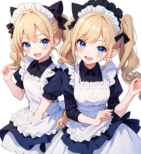 White background、cute、Blonde Pigtails、blue eyes、Cute pose、Open Mouth Smile、Maid Costume、