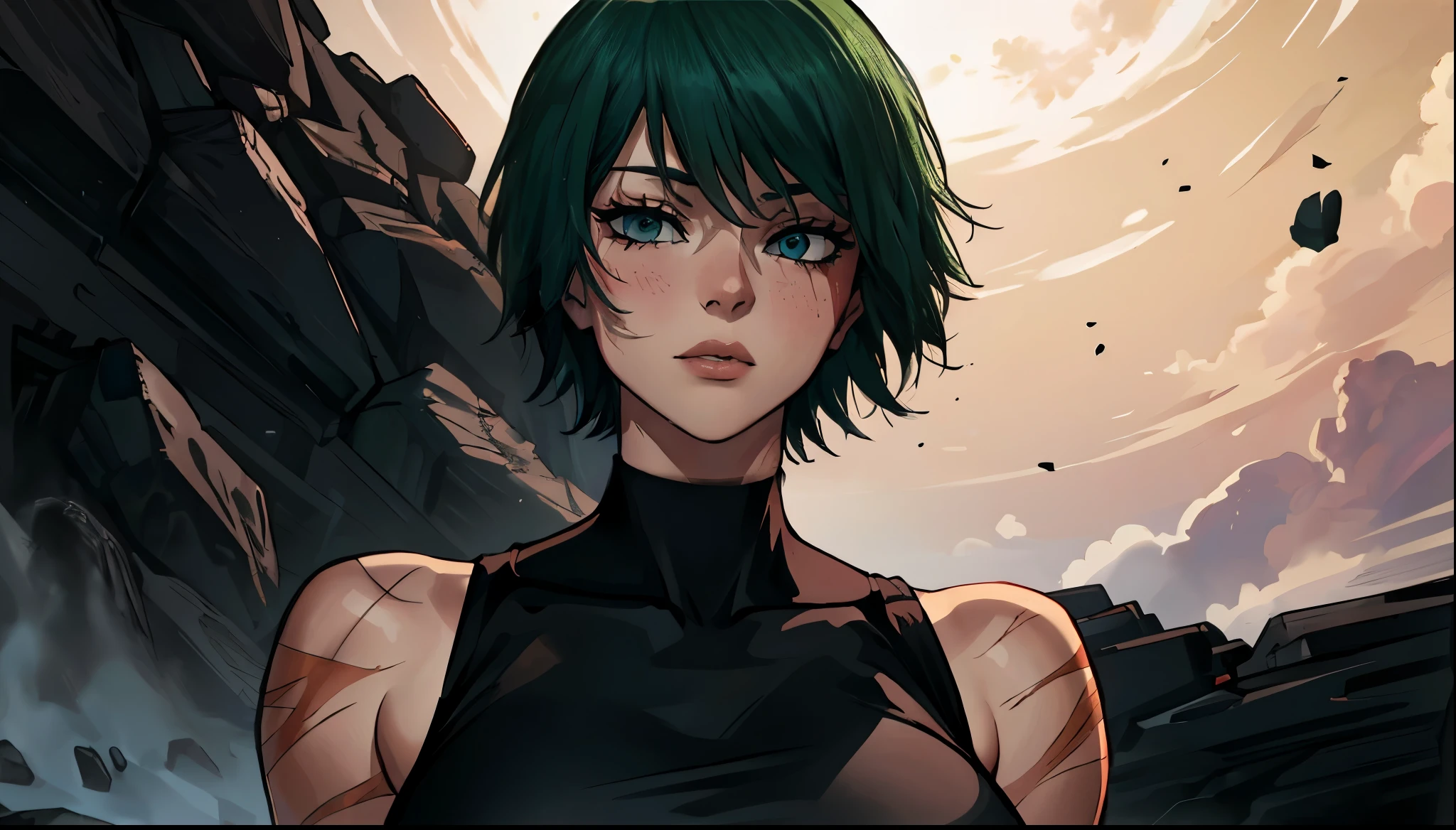 (masterpiece:1.2, best quality:1.2, beautiful, high quality, highres:1.1), detailed, short hair, short fluffy hair, short green hair, extremely detailed 4K, perfect eyes, perfect face, bandage on eye, scar on eye, Maki Zenin, scar on body, circle glasses, Maki Zenin LoRA, black shirt, scar on eye, scars, sleeveless, crop top, beautiful face, perfect lighting, (1girl, solo, adult female, mature female), thin, lithe body, Maki Zenin, green hair, glasses, (big breasts), ((sensual seductive))