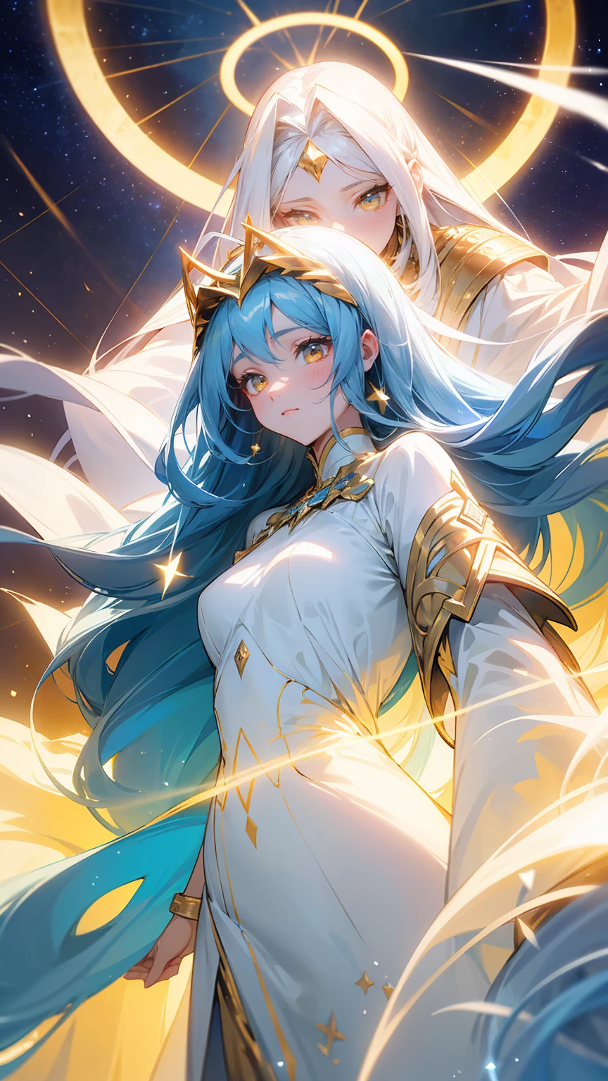 Crie uma ilustração de uma mulher celestial com longos, cabelo azul esvoaçante adornado com estrelas douradas. Ela tem olhos dourados radiantes e uma expressão serena. Ela usa um branco, vestido etéreo com detalhes dourados. Um halo luminoso de luz envolve sua cabeça, e ela tem como pano de fundo um céu noturno estrelado, aumentando sua presença sobrenatural e angelical.

