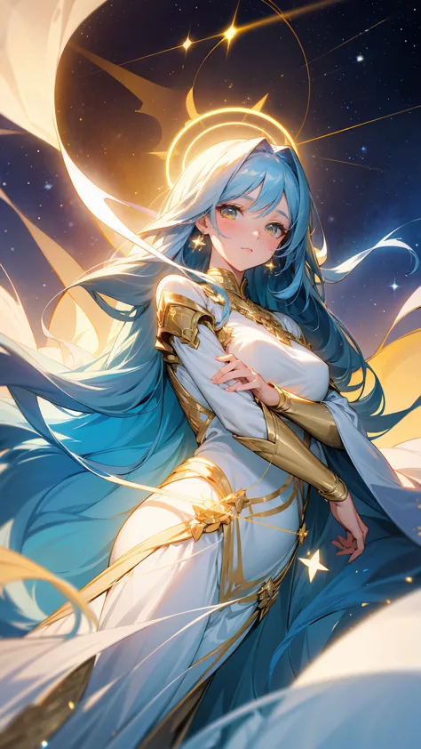 Create an illustration of a celestial woman with long, flowing blue hair adorned with golden stars. She has radiant golden eyes ...