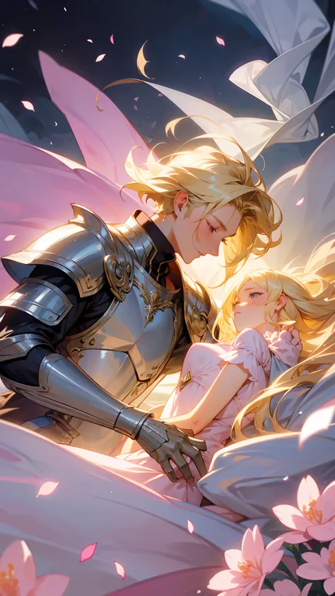 Create a romantic scene of a blonde man in silver armor embracing a blonde woman in a delicate, flowing dress. Both characters h...