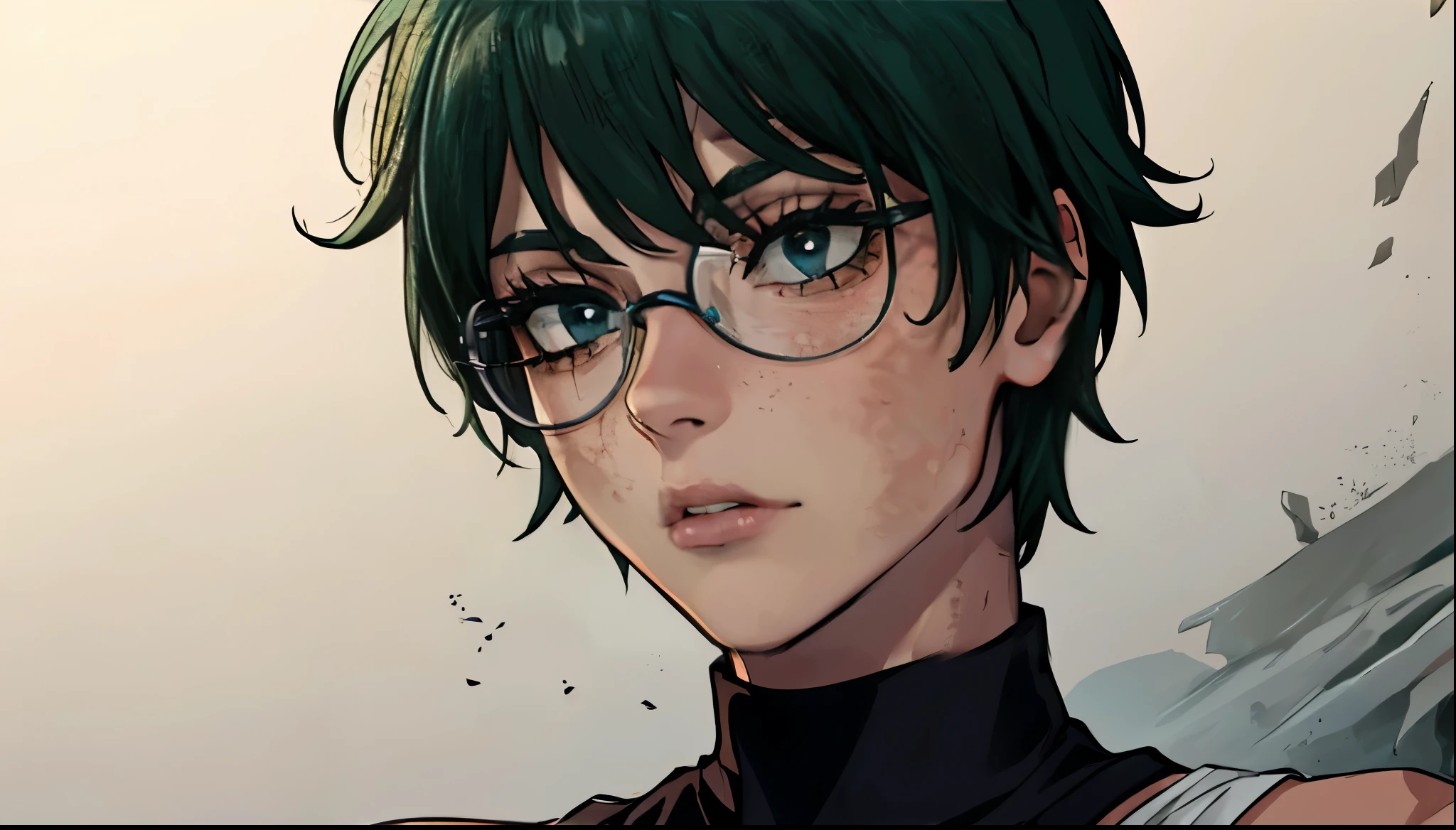 (masterpiece:1.2, best quality:1.2, beautiful, high quality, highres:1.1), detailed, short hair, short fluffy hair, short green hair, extremely detailed 4K, perfect eyes, perfect face, bandage on eye, scar on eye, Maki Zenin, scar on body, circle glasses, Maki Zenin LoRA, black shirt, scar on eye, scars, sleeveless, crop top, beautiful face, perfect lighting, (1girl, solo, adult female, mature female), thin, lithe body, Maki Zenin, green hair, glasses, (big breasts), ((sensual seductive))