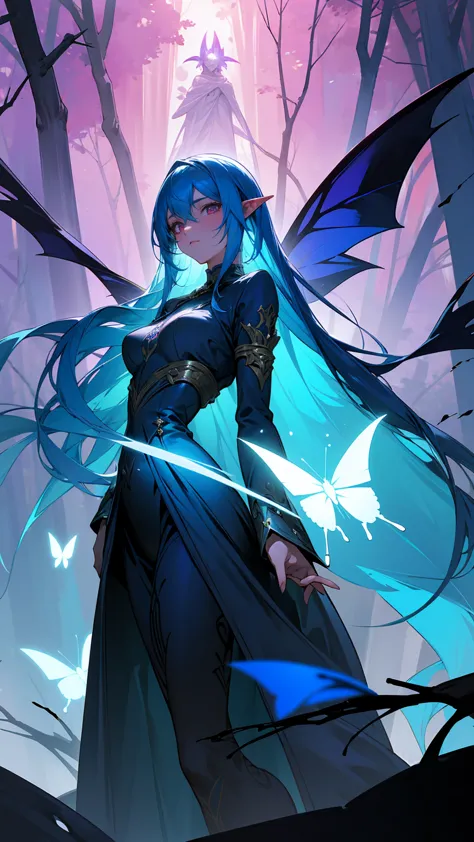 Create a fantasy-themed illustration of a female demon or dark elf character with striking, deep blue skin and long, flowing blu...