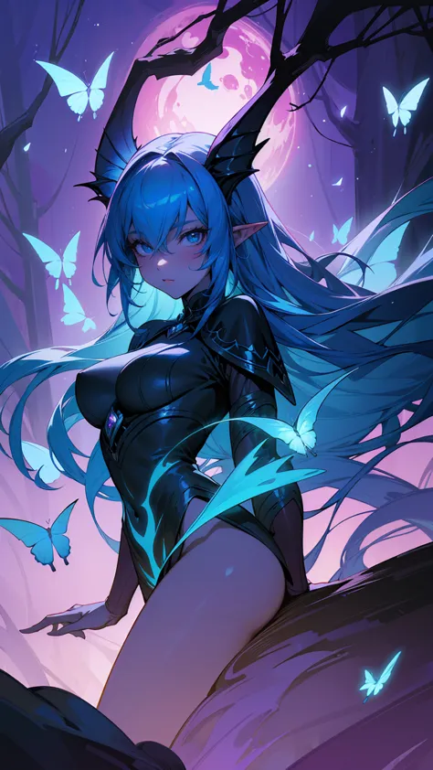 Create a fantasy-themed illustration of a female demon or dark elf character with striking, deep blue skin and long, flowing blu...