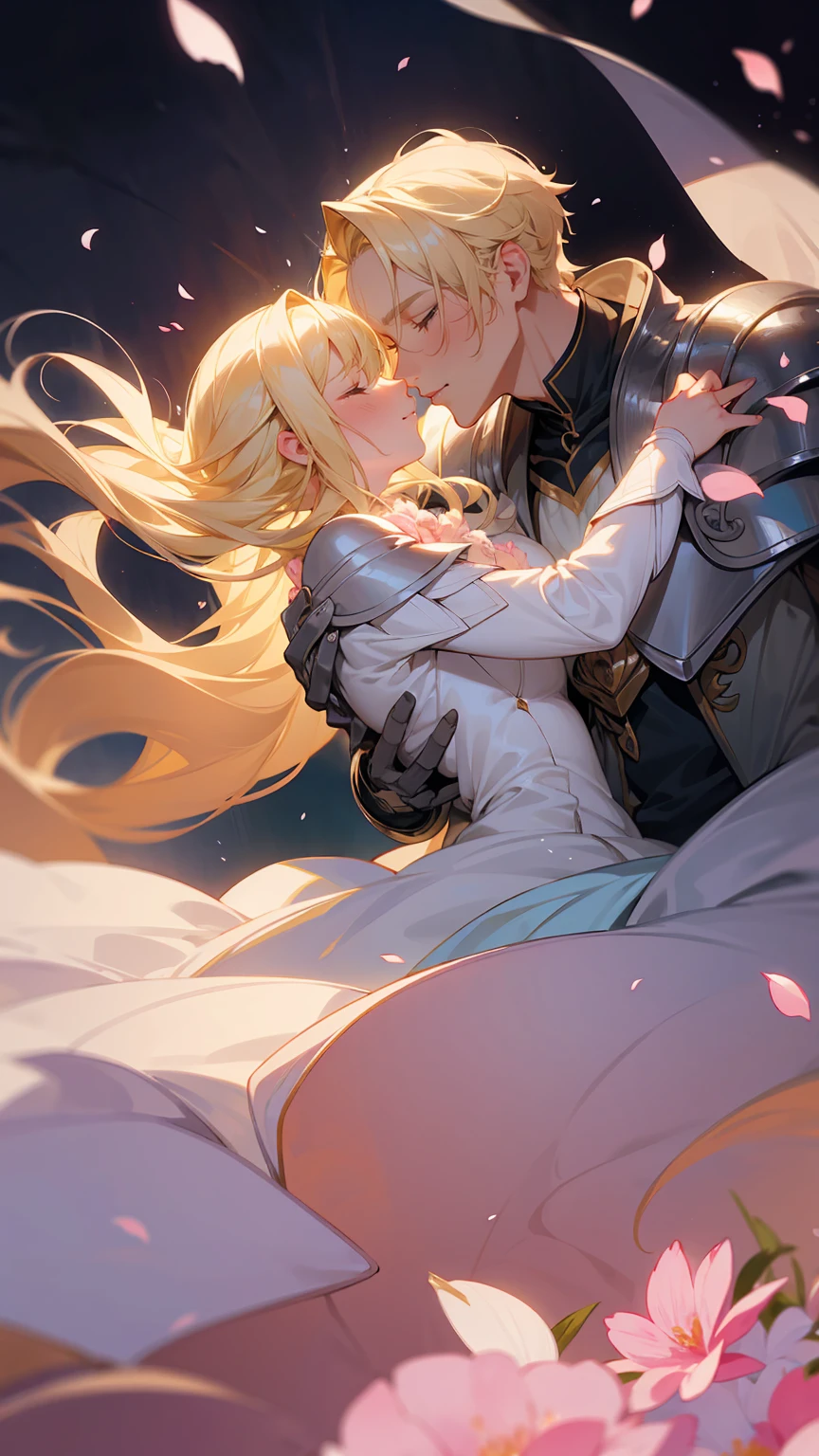 Create a romantic scene of a blonde man in silver armor embracing a blonde woman in a delicate, flowing dress. Both characters have flowers in their hair, and they share an intimate moment, touching foreheads. The background features a dreamy, pastel-colored garden with pink petals falling around them, creating a magical and enchanting atmosphere.
