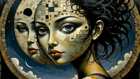 1girl, the moon, Artwork inspired by Dave Mckean, intricate details, oil painted, cubism, black hair, sensei 