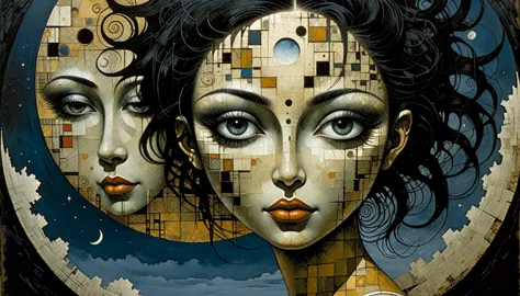 1girl, the moon, Artwork inspired by Dave Mckean, intricate details, oil painted, cubism, black hair, sensei 
