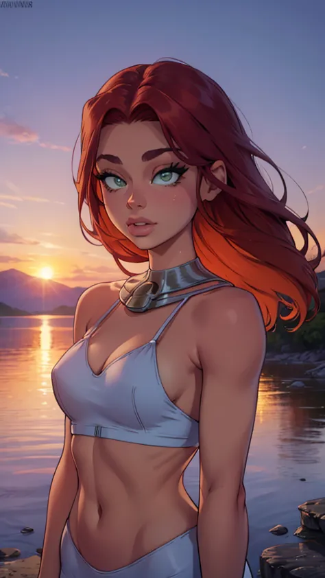 Ariana Grande as starfire orange skin, red hair NSFW, Kale, standing, in a river, Beautiful sunset, dainty, Sweating a close-up ...