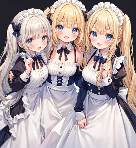 White background、cute、Blonde Pigtails、blue eyes、Cute pose、Open Mouth Smile、Maid Costume、