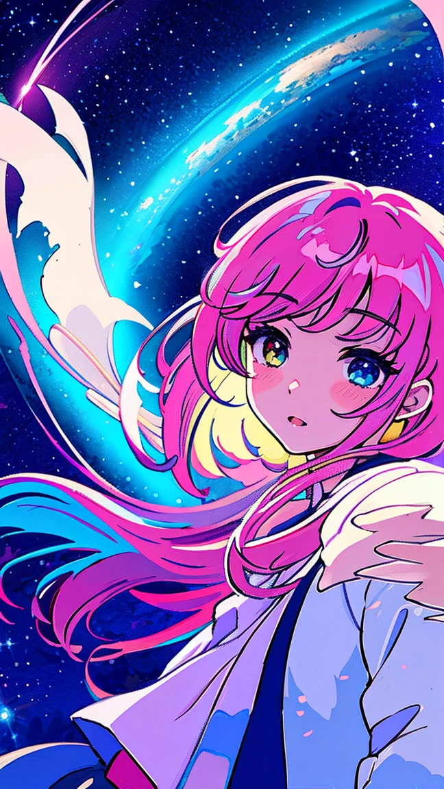 masterpiece, Highest quality, divine qualities, Godly art, Highly detailed face, whole body, Very surreal, cute, Young girl, Big eyes, Long eyelashes, Colorful Hair, Heterochromia iridis, Shiny skin, Fuller lips, Fuller lips, Blushing, Nice views, In space, Starry sky background, actress, Dazzling Light, Colorful lighting, Wearing a robe, dark、(dreamcore)