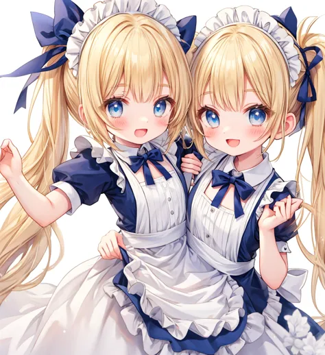 White background、cute、Blonde Pigtails、blue eyes、Cute pose、Open Mouth Smile、Maid Costume、