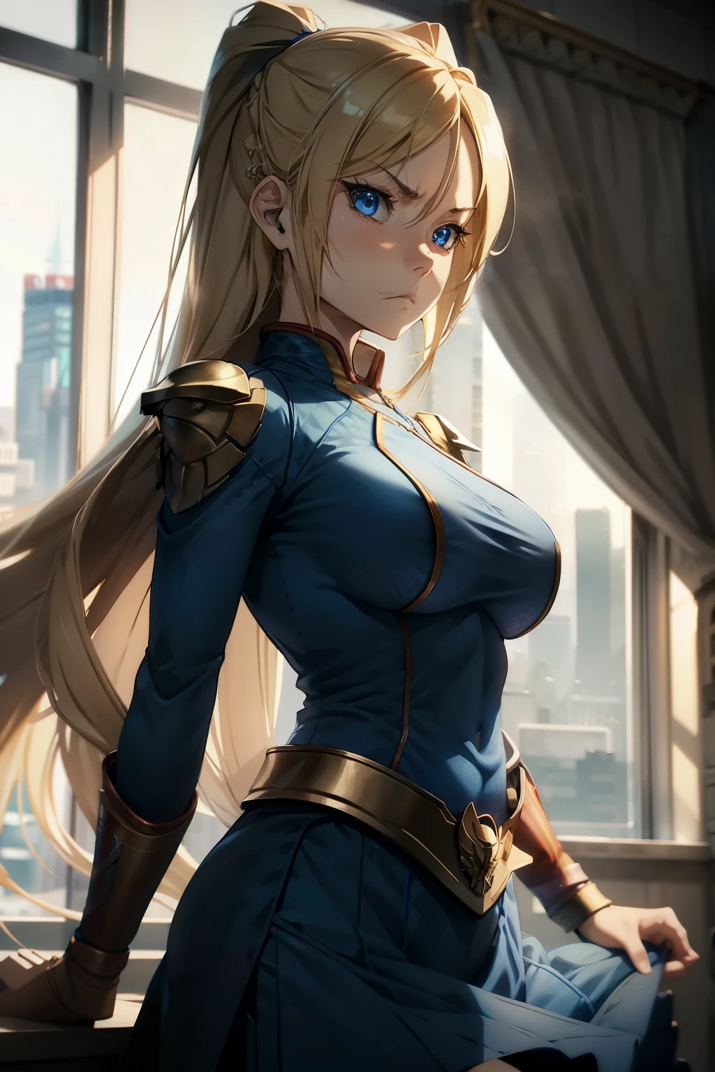  anime styling , Home Lander. 1girl , very long blonde hair,  angry face , medium breasts , blue hero uniform, skirt , standing front . City 