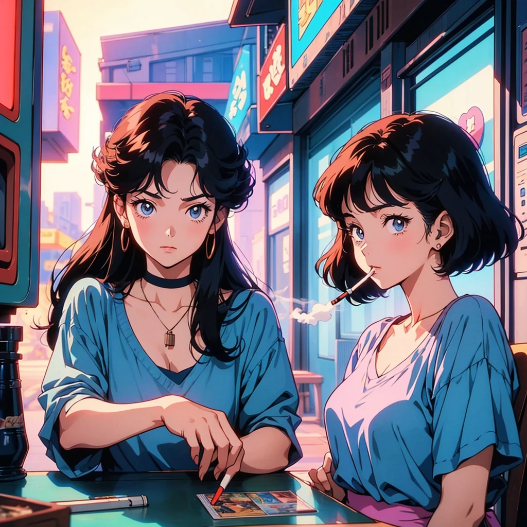 Retro arcade anime girl, 80年代のAnime atmosphere, 80s anime style, Retro Anime Girls, 1980's anime style, Retro anime images, Anime atmosphere, Playing games, smoking a cigarette, smoking