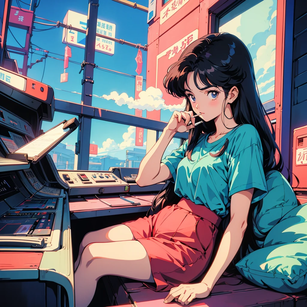 Retro arcade anime girl, 80年代のAnime atmosphere, 80s anime style, Retro Anime Girls, 1980's anime style, Retro anime images, Anime atmosphere, Playing games, smoking a cigarette, smoking