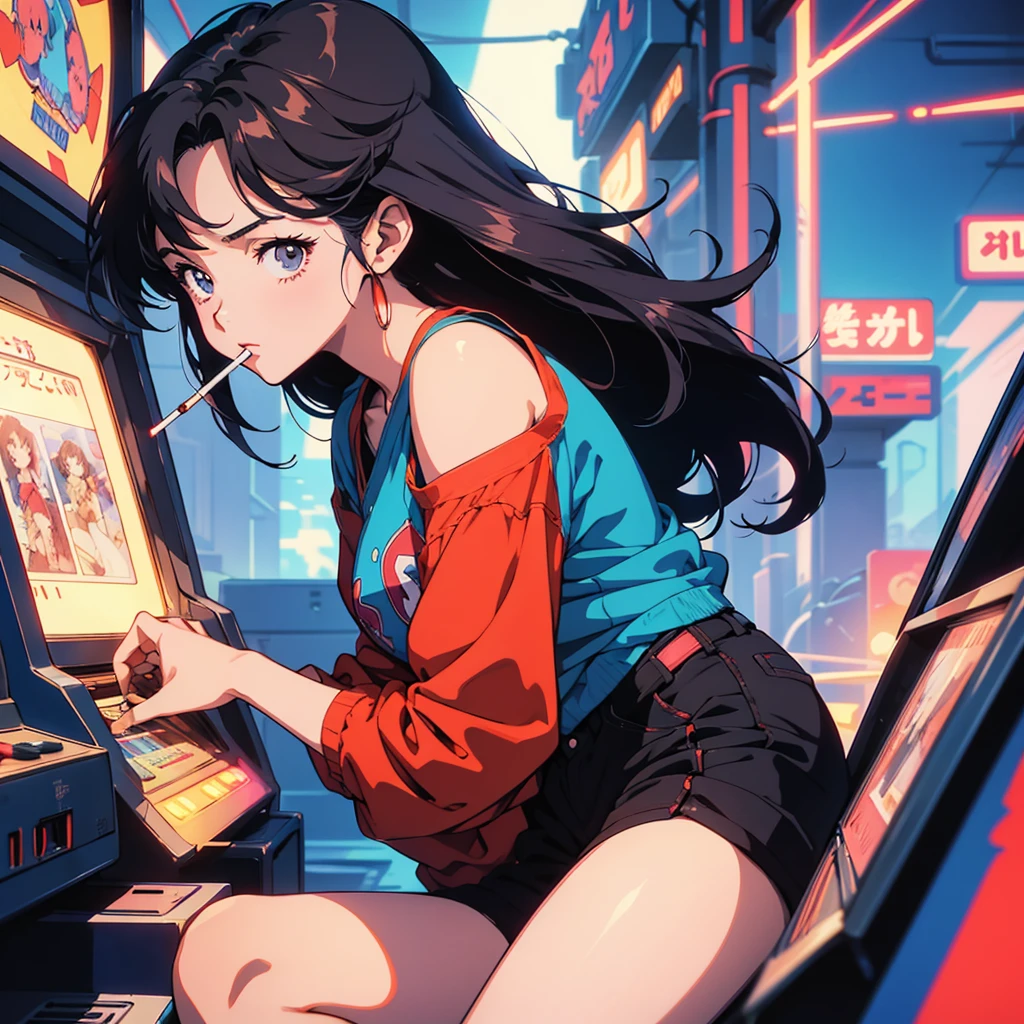 Retro arcade anime girl, 80年代のAnime atmosphere, 80s anime style, Retro Anime Girls, 1980's anime style, Retro anime images, Anime atmosphere, Playing games, smoking a cigarette, smoking