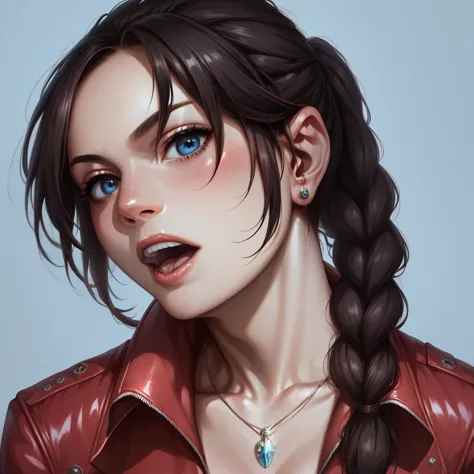 score_9, score_8_up, score_7_up, claire redfield,  jewelry, black hair, blue eyes, red jacket, jacket, necklace, long hair, brai...