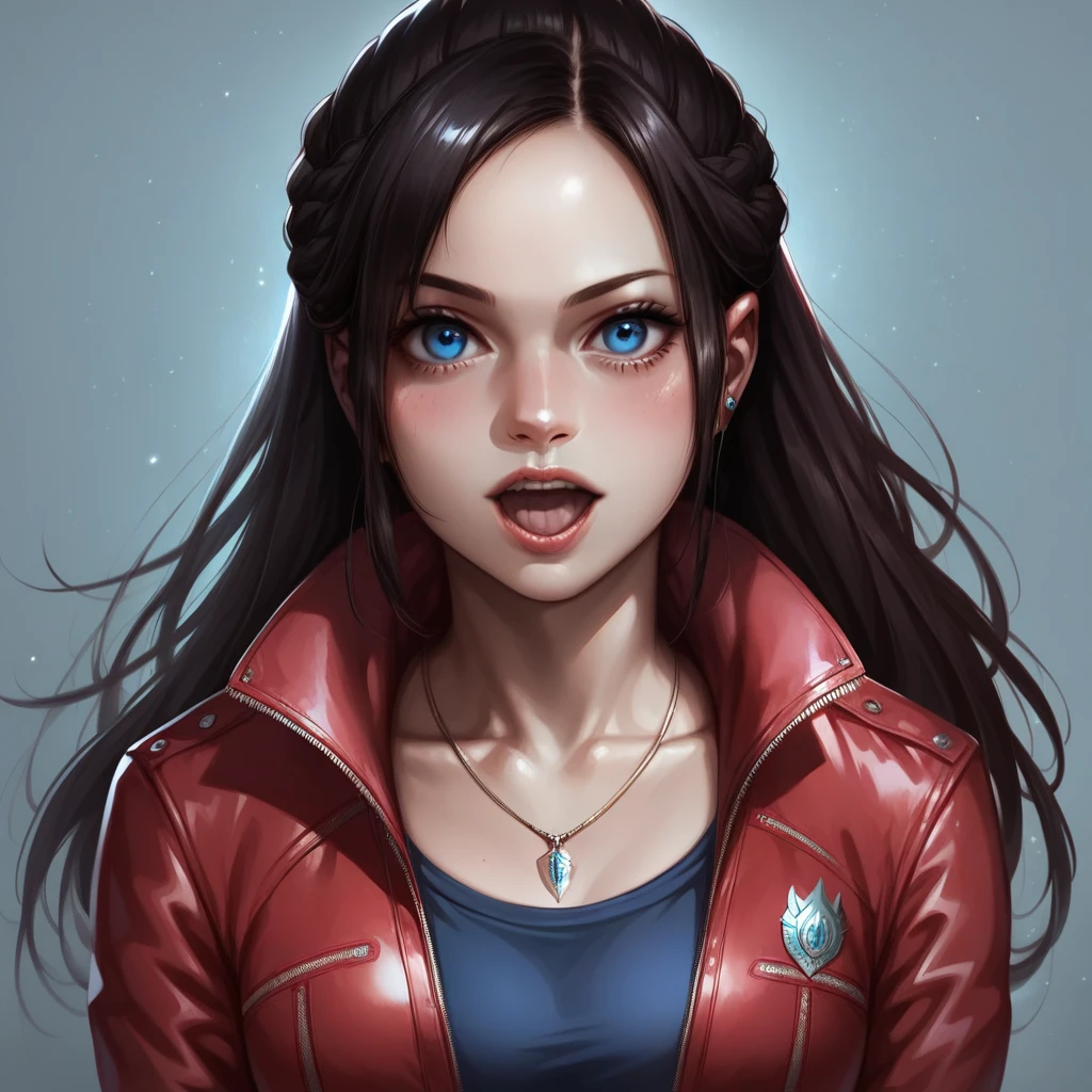 score_9, score_8_up, score_7_up, Claire redfield,  jewelry, black hair, blue eyes, red jacket, jacket, necklace, long hair, braid, realistic, upper body, looking at viewer, detailed mouth, mesmerizing mouth, high definition mouth, focus on face, best quality, detailed, absurd resolution, absurd detail, intricate details, vibrant colors, ultra-realistic, open mouth,