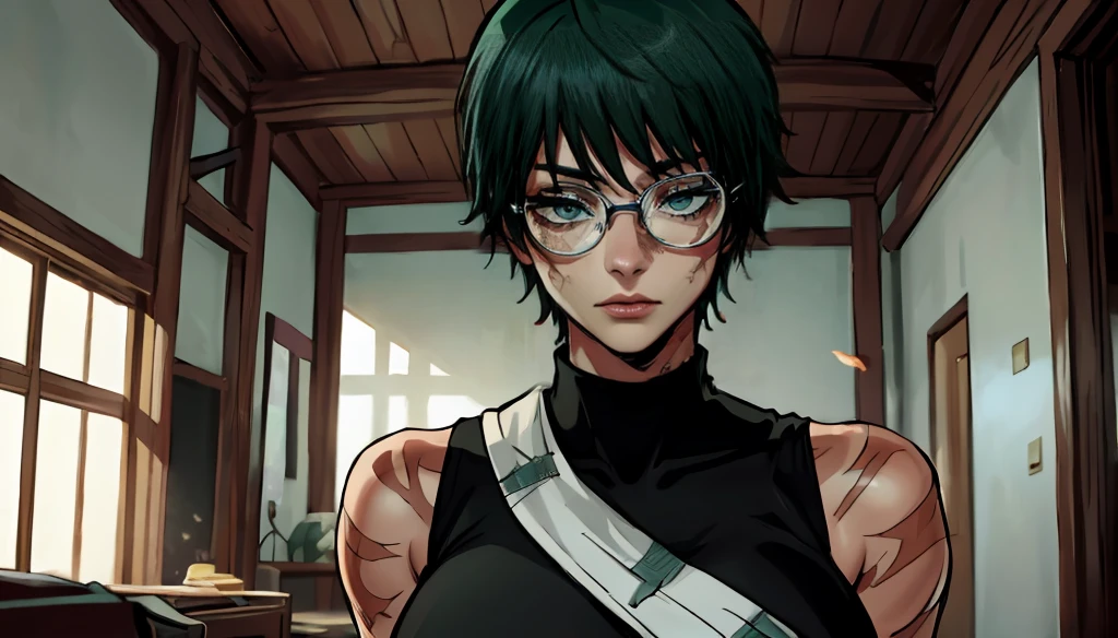 (masterpiece:1.2, best quality:1.2, beautiful, high quality, highres:1.1), detailed, short hair, short fluffy hair, short green hair, circle shaped glasses, bandage on eye, scarred eye, extremely detailed 4K, perfect eyes, perfect face, scar on body, circle glasses, Maki Zenin LoRA, black shirt, scar on eye, scars, sleeveless, indoors, sexy, crop top, beautiful face, perfect lighting, (1girl, solo, adult female, mature female), thin, lithe body, Maki Zenin, green hair, glasses, (big breasts), ((sensual seductive))