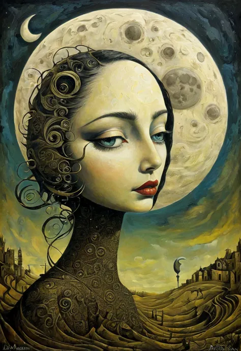 the moon, Artwork inspired by Dave Mckean, intricate details, oil painted, surreal bizarre, cubism, high quality 