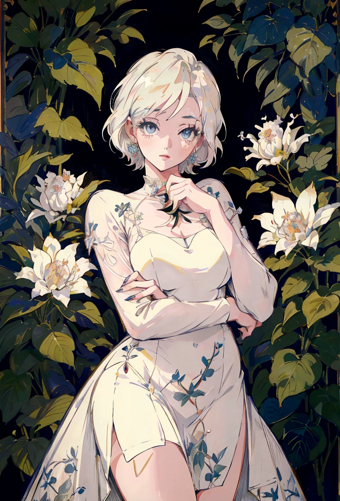 Marilyn Monroe, Anime Style, Short Hair, Platinum Blonde, She is wearing a beautiful embroidered silk dress., Gentle expression, Elegant, Ultra-detailed botanical references, Maximalist Botany, beautifully、Aesthetically beautiful illustration masterpiece, Topaz AI Post Editing