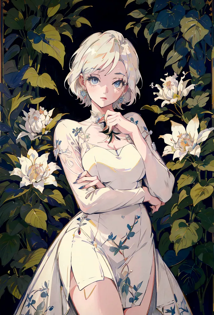 Marilyn Monroe, Anime Style, Short Hair, Platinum Blonde, She is wearing a beautiful embroidered silk dress., Gentle expression,...