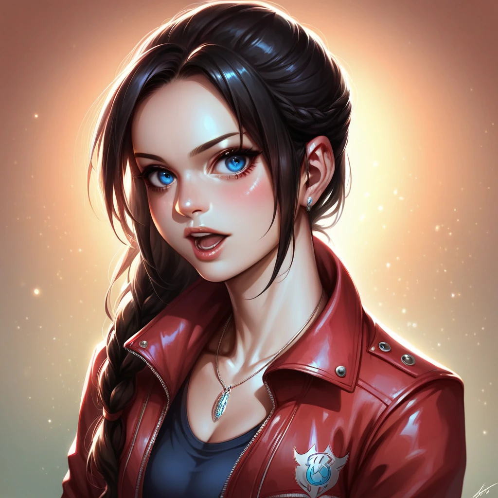 score_9, score_8_up, score_7_up, Claire redfield,  jewelry, black hair, blue eyes, red jacket, jacket, necklace, long hair, braid, realistic, upper body, looking at viewer, detailed mouth, mesmerizing mouth, high definition mouth, focus on mouth, best quality, detailed, absurd resolution, absurd detail, intricate details, vibrant colors, ultra-realistic, open mouth,