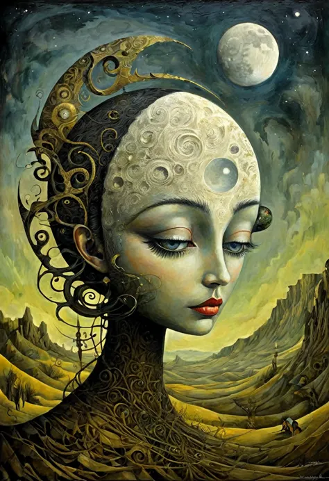 the moon, Artwork inspired by Dave Mckean, intricate details, oil painted, surreal bizarre, cubism, high quality