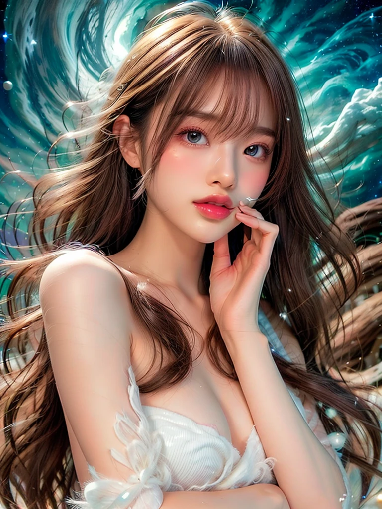 4K Ultra HD, masterpiece, A girl with a magical aura, Nice face, Long Hair, Shiny Hair, fine grain, Glossy Lips, Nude 1.5, Aura around the body, Magical Effects, Spreading white light, Cosmic elements and ethereal atmosphere, A mix of bright lights and colorful nebulae, Space Background,, Full Body Capture.Whitening、Silver Hair、(((Naked and wearing white clothes 1.5)))、Hair and fabric blowing in the wind、(((Place your right hand over your mouth 1.5)))