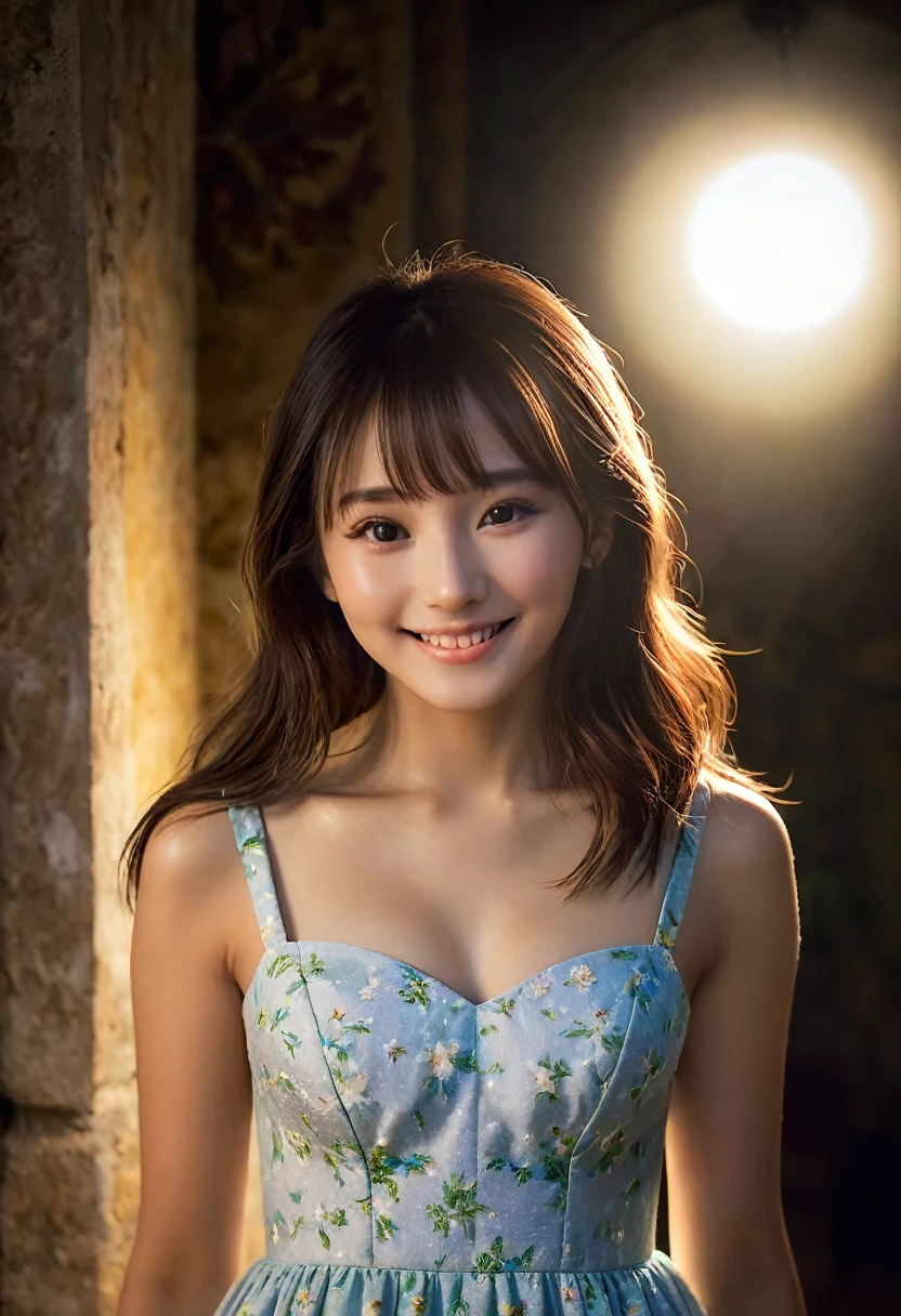 (Highest quality,8K quality,masterpiece:1.3),(Ultra-high resolution,Realistic:1.4,Live Shooting),(Very detailed,Caustics),(Ultra-Realistic Capture,(((dinner))),Beautiful and detailed skin),19 years old,Beautiful Japanese, Medium Hair, Asymmetrical bangs, Brown Hair, I'm looking at the camera with a smile on my face,Soft Light,A ray of light shining from above,Natural light，((Summer Dresses))，(((One female))),Night view,French cuisine