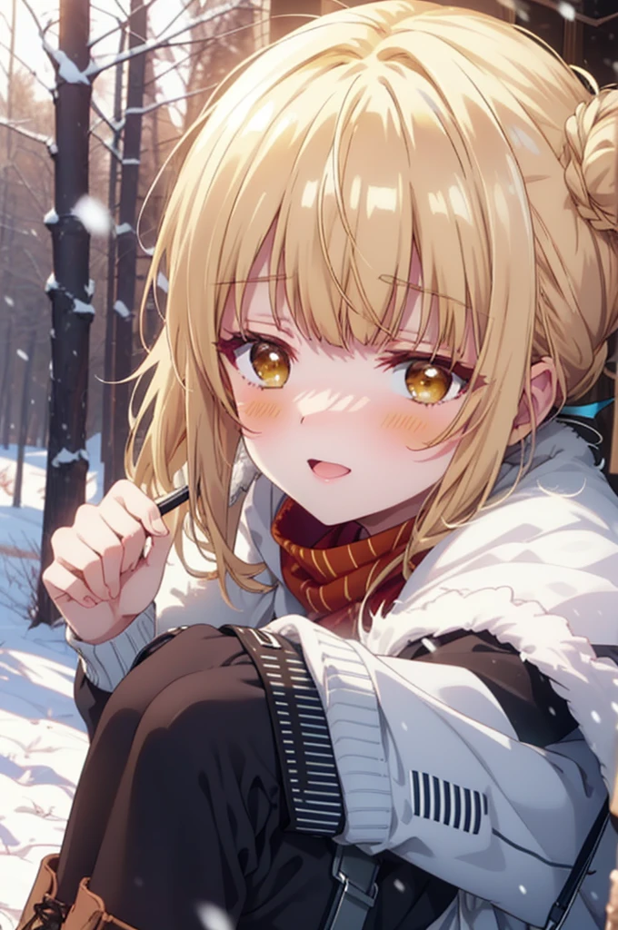 This is Mahirushiina, Mahiru Shiina, blonde, (Brown eyes:1.7), Long Hair, happy smile, smile, Open your mouth,Hair Bun, single Hair Bun,blush,White Breath,
Open your mouth,snow,Ground bonfire, Outdoor, boots, snowing, From the side, wood, suitcase, Cape, Blurred, Increase your meals, forest, White handbag, nature,  Squat, Mouth closed, フードed Cape, winter, Written boundary depth, Black shoes, red Cape break looking at viewer, Upper Body, whole body, break Outdoor, forest, nature, break (masterpiece:1.2), Highest quality, High resolution, unity 8k wallpaper, (shape:0.8), (Beautiful and beautiful eyes:1.6), Highly detailed face, Perfect lighting, Extremely detailed CG, (Perfect hands, Perfect Anatomy),