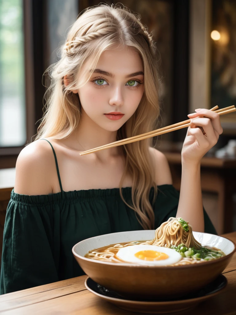 (2 girls) (Two 18-year-olds.o Swedish girls are mysterious, slim and beautiful、Attractive and shy),Holding chopsticks, Eat ramen, Multiple large bowls of steaming hot:1.5 bowls of ramen, Sweaty and oily skin, Subtle laughter,Looking straight at the camera, Perfect slim face,narrow jaw,Highest quality, Professional Lighting, Very detailed, Realistic、Seaweed、Served in an ornate, high-quality porcelain bowl, Upper Body,Beautiful and detailed green eyes,Long golden blonde hair,Blonde eyebrows, smokey eye shadow, Wearing a tube top with white lace strings visible through it,Bare shoulders, Sunburned face, , Rustic wooden table top, A gorgeous art museum with paintings on the walls, Bokeh,:1.3,Tokyo,God&#39;s Rays, Backlit hair, Vintage 2000s RAW photos, photoRealistic, Film Grain, hidden camera, Color graded film-like, Eye-catching light, Atmospheric lighting, Macro photography, Skin pores, Imperfection, nature, Shallow depth of field