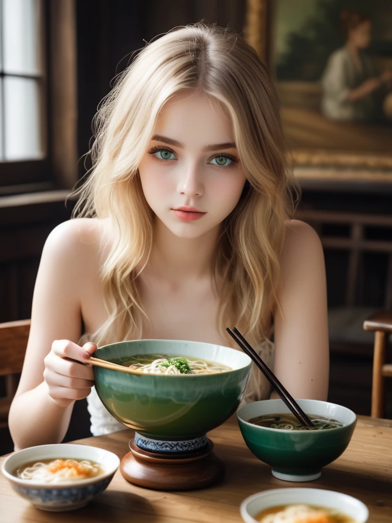 (2 girls) (Two 18-year-olds.o Swedish girls are mysterious, slim and beautiful、Attractive and shy),Holding chopsticks, Eat ramen, Multiple large bowls of steaming hot:1.5 bowls of ramen, Sweaty and oily skin, Subtle laughter,Looking straight at the camera, Perfect slim face,narrow jaw,Highest quality, Professional Lighting, Very detailed, Realistic、Seaweed、Served in an ornate, high-quality porcelain bowl, Upper Body,Beautiful and detailed green eyes,Long golden blonde hair,Blonde eyebrows, smokey eye shadow, Wearing a tube top with white lace strings visible through it,Bare shoulders, Sunburned face, , Rustic wooden table top, A gorgeous art museum with paintings on the walls, Bokeh,:1.3,Tokyo,God&#39;s Rays, Backlit hair, Vintage 2000s RAW photos, photoRealistic, Film Grain, hidden camera, Color graded film-like, Eye-catching light, Atmospheric lighting, Macro photography, Skin pores, Imperfection, nature, Shallow depth of field