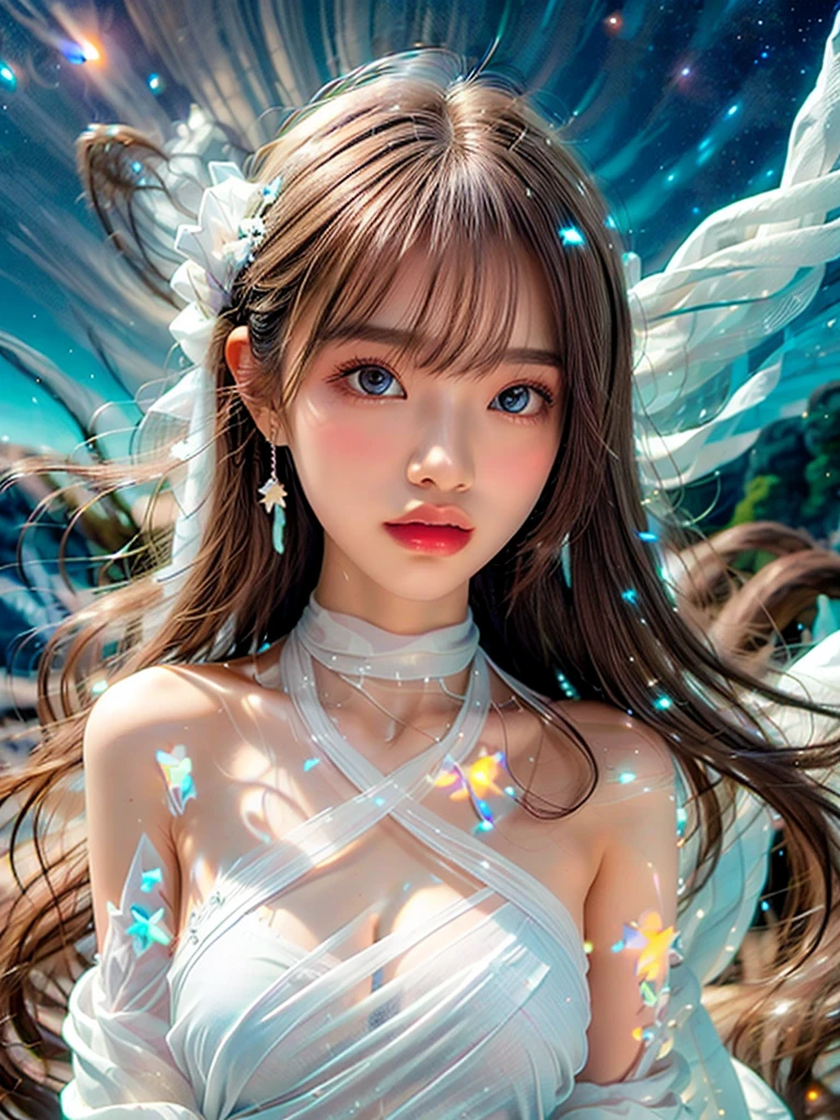 4K Ultra HD, masterpiece, A girl with a magical aura, Nice face, Long Hair, Shiny Hair, fine grain, Glossy Lips, Nude 1.5, Aura around the body, Magical Effects, Spreading white light, Cosmic elements and ethereal atmosphere, A mix of bright lights and colorful nebulae, Space Background,, Full Body Capture.Whitening、Silver Hair、(((Naked and wearing white cloth 1.5)))、Hair and fabric blowing in the wind、(((See-through 1.5)))