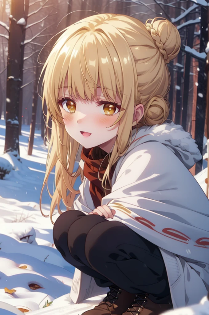 This is Mahirushiina, Mahiru Shiina, blonde, (Brown eyes:1.7), Long Hair, happy smile, smile, Open your mouth,Hair Bun, single Hair Bun,blush,White Breath,
Open your mouth,snow,Bonfire on the ground, Outdoor, boots, snowing, From the side, wood, suitcase, Cape, Blurred, Increase your meals, forest, White handbag, nature,  Squat, Mouth closed, フードed Cape, winter, Written boundary depth, Black shoes, red Cape break looking at viewer, Upper Body, whole body, break Outdoor, forest, nature, break (masterpiece:1.2), Highest quality, High resolution, unity 8k wallpaper, (shape:0.8), (Beautiful and beautiful eyes:1.6), Highly detailed face, Perfect lighting, Extremely detailed CG, (Perfect hands, Perfect Anatomy),