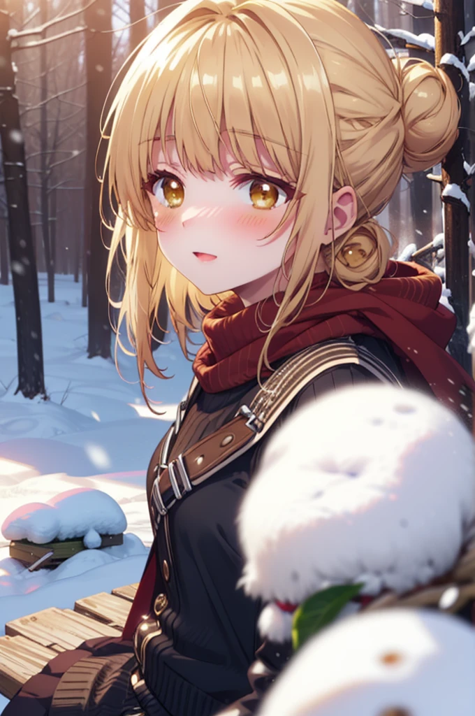 This is Mahirushiina, Mahiru Shiina, blonde, (Brown eyes:1.7), Long Hair, happy smile, smile, Open your mouth,Hair Bun, single Hair Bun,blush,White Breath,
Open your mouth,snow,Bonfire on the ground, Outdoor, boots, snowing, From the side, wood, suitcase, Cape, Blurred, Increase your meals, forest, White handbag, nature,  Squat, Mouth closed, フードed Cape, winter, Written boundary depth, Black shoes, red Cape break looking at viewer, Upper Body, whole body, break Outdoor, forest, nature, break (masterpiece:1.2), Highest quality, High resolution, unity 8k wallpaper, (shape:0.8), (Beautiful and beautiful eyes:1.6), Highly detailed face, Perfect lighting, Extremely detailed CG, (Perfect hands, Perfect Anatomy),