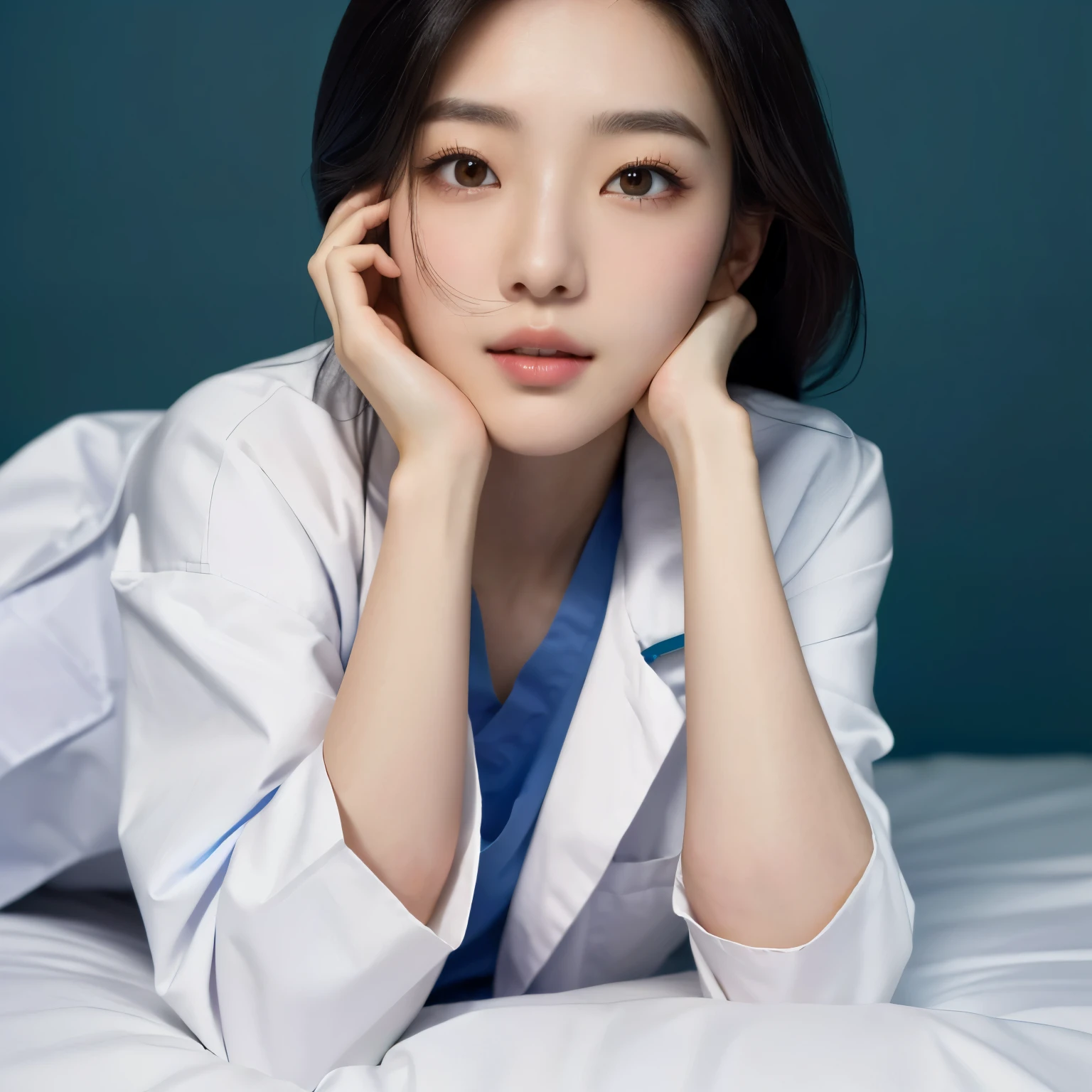 masterpiece, best quality, 1girl, (resting chin in hands), hospital bed, black hair, brown eyes, Beautiful Japanese female doctor wearing white labcoat over teal scrubs,beautiful detailed face, pale skin, realistic skin, detailed cloth texture, detailed hair texture, accurate, Anatomically correct, Highly detailed face and skin texture , looking at viewer