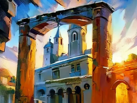 (background),(rule of thirds),(realistic illustration:1.3). Sunrise. Outside of Gothic church, in the middle of an Old World cit...