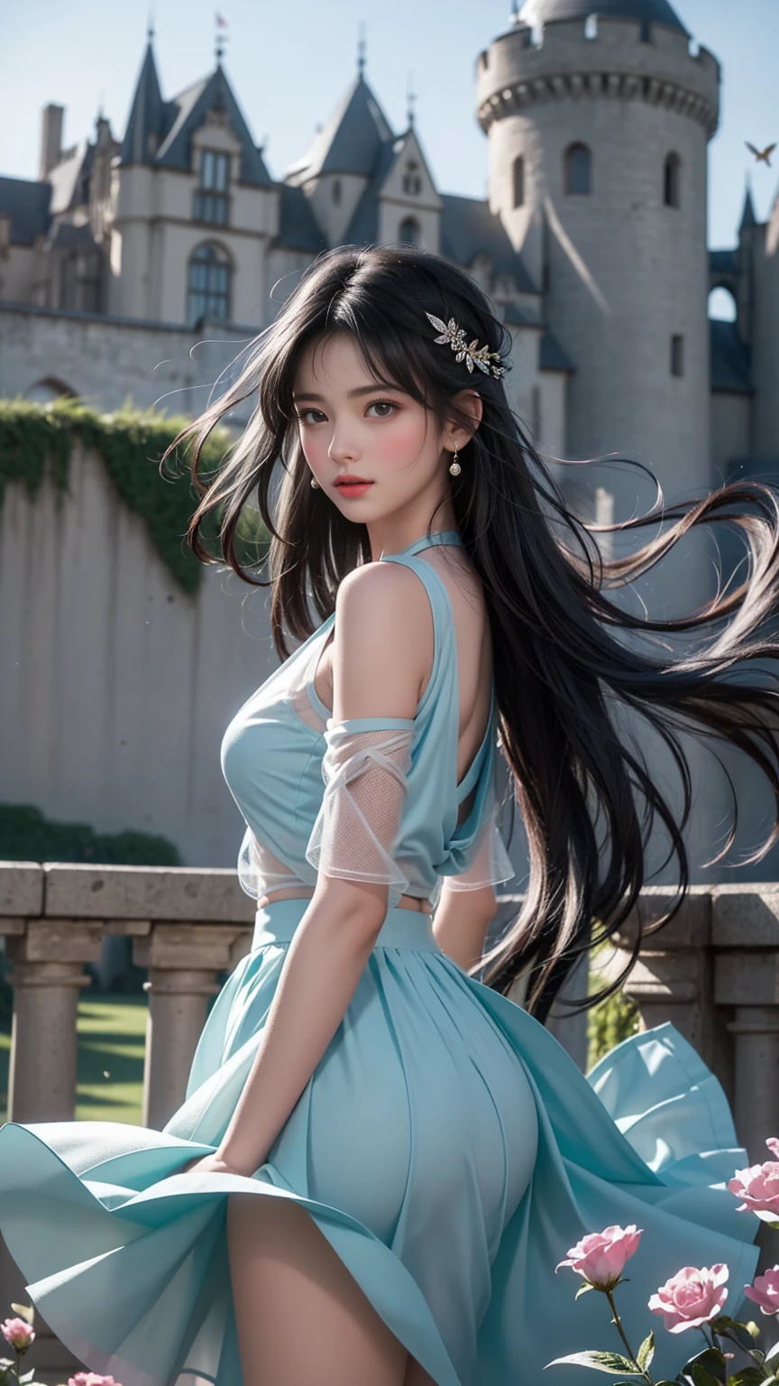 ((Girl standing in front of the wall of an old castle))、Fluorescent color、1 Girl、Look to the side、Beautiful Face、Beautiful Eyes、（Off the shoulder：1.2）、Upper Body、Shiny Hair、Glowing Skin、 Reduce glare、Adjusted finger proportions、escrow、ass pov、Dynamic Angle、(((Master Parts)))、(((Highest quality)))、(((Super-detailed))) detailed）、（An illustration）、（Detailed light）、（Very delicate and beautiful）、dramatic_Shadow、Ray_Tracking、reflection、 Ultra-high resolution、((Colorful and black hair mesh girls))、 Her hair flutters in the wind、(big deep blue eyes)、Black-haired woman、 Sparkling butterfly、Black-haired woman、Points of light around the woman、Magical Aura、Green dot、About Auras Nature、超Magical AuraBlack-haired woman,((Off the shoulder semi-transparent white dress:1.3))、(Sleevelesy skirt is flying up in the wind)),((An old European castle looms in the distance)),