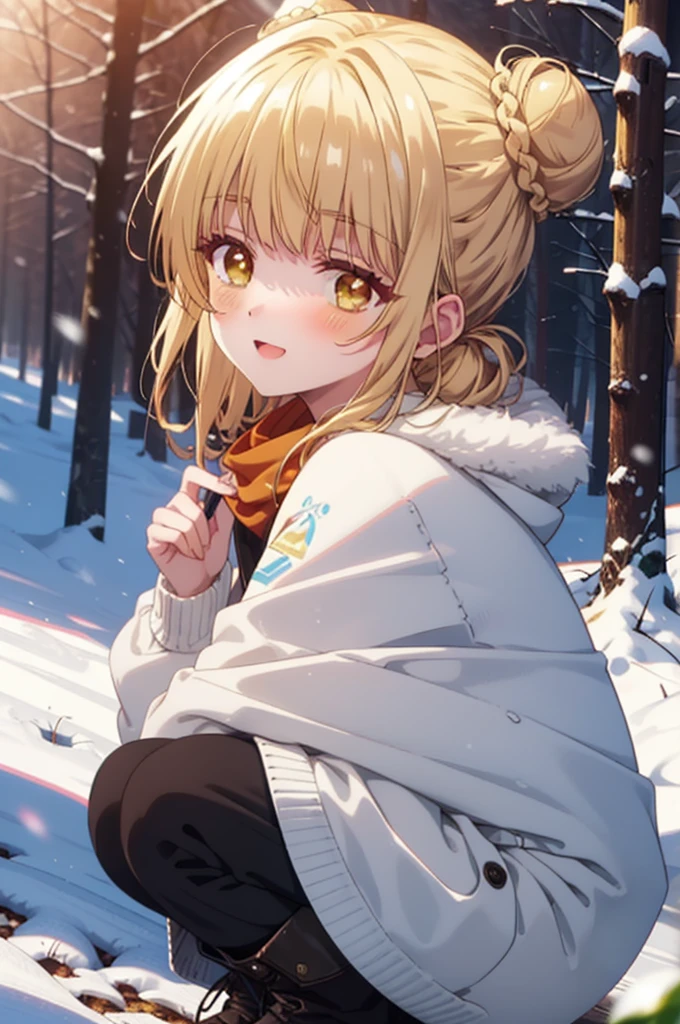 This is Mahirushiina, Mahiru Shiina, blonde, (Brown eyes:1.7), Long Hair, happy smile, smile, Open your mouth,Hair Bun, single Hair Bun,blush,White Breath,
Open your mouth,snow,Bonfire on the ground, Outdoor, boots, snowing, From the side, wood, suitcase, Cape, Blurred, Increase your meals, forest, White handbag, nature,  Squat, Mouth closed, フードed Cape, winter, Written boundary depth, Black shoes, red Cape break looking at viewer, Upper Body, whole body, break Outdoor, forest, nature, break (masterpiece:1.2), Highest quality, High resolution, unity 8k wallpaper, (shape:0.8), (Beautiful and beautiful eyes:1.6), Highly detailed face, Perfect lighting, Extremely detailed CG, (Perfect hands, Perfect Anatomy),