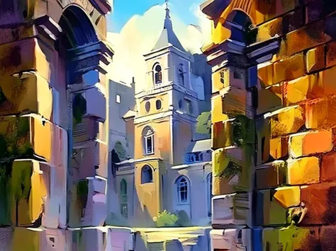 (background),(rule of thirds),(realistic illustration:1.3). Sunrise. Outside of moss covered Gothic church, in the middle of an ...