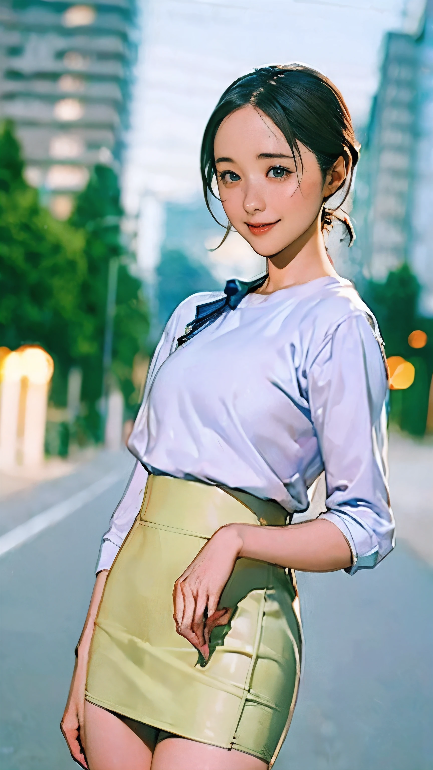 (masterpiece:1.2, Highest quality), (Realistic, photoRealistic:1.4),Beautiful illustrations,(Natural Side Lighting, Cinema Lighting),1 female,Japanese,Mature Woman,Female police officer on patrol,48 years old,Perfect Face, Symmetrical face, Shiny skin,Random Hairstyles,Big eyes,Sexy Eyes,(smile),(whole body),break((Police Officer Shirt)),((Tight mini skirt)),(The background is a street corner:1.5),(((Background Blur:1.5))),((Police uniform)),(((Recall)))