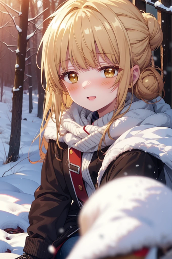 This is Mahirushiina, Mahiru Shiina, blonde, (Brown eyes:1.7), Long Hair, happy smile, smile, Open your mouth,Hair Bun, single Hair Bun,blush,White Breath,
Open your mouth,snow,Bonfire on the ground, Outdoor, boots, snowing, From the side, wood, suitcase, Cape, Blurred, Increase your meals, forest, White handbag, nature,  Squat, Mouth closed, フードed Cape, winter, Written boundary depth, Black shoes, red Cape break looking at viewer, Upper Body, whole body, break Outdoor, forest, nature, break (masterpiece:1.2), Highest quality, High resolution, unity 8k wallpaper, (shape:0.8), (Beautiful and beautiful eyes:1.6), Highly detailed face, Perfect lighting, Extremely detailed CG, (Perfect hands, Perfect Anatomy),