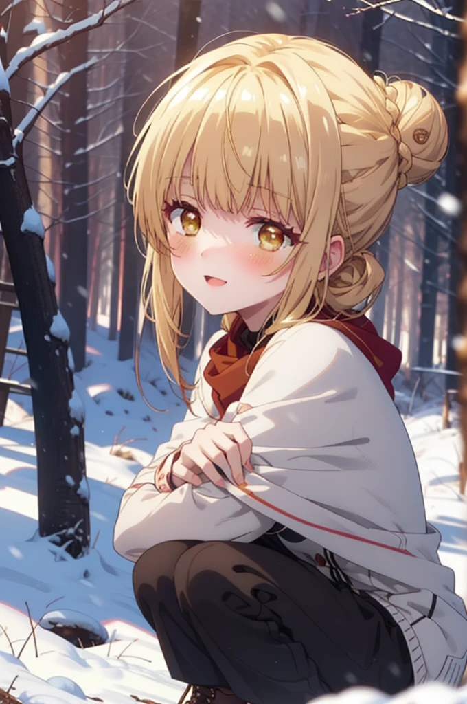 This is Mahirushiina, Mahiru Shiina, blonde, (Brown eyes:1.7), Long Hair, happy smile, smile, Open your mouth,Hair Bun, single Hair Bun,blush,White Breath,
Open your mouth,snow,Bonfire on the ground, Outdoor, boots, snowing, From the side, wood, suitcase, Cape, Blurred, Increase your meals, forest, White handbag, nature,  Squat, Mouth closed, フードed Cape, winter, Written boundary depth, Black shoes, red Cape break looking at viewer, Upper Body, whole body, break Outdoor, forest, nature, break (masterpiece:1.2), Highest quality, High resolution, unity 8k wallpaper, (shape:0.8), (Beautiful and beautiful eyes:1.6), Highly detailed face, Perfect lighting, Extremely detailed CG, (Perfect hands, Perfect Anatomy),