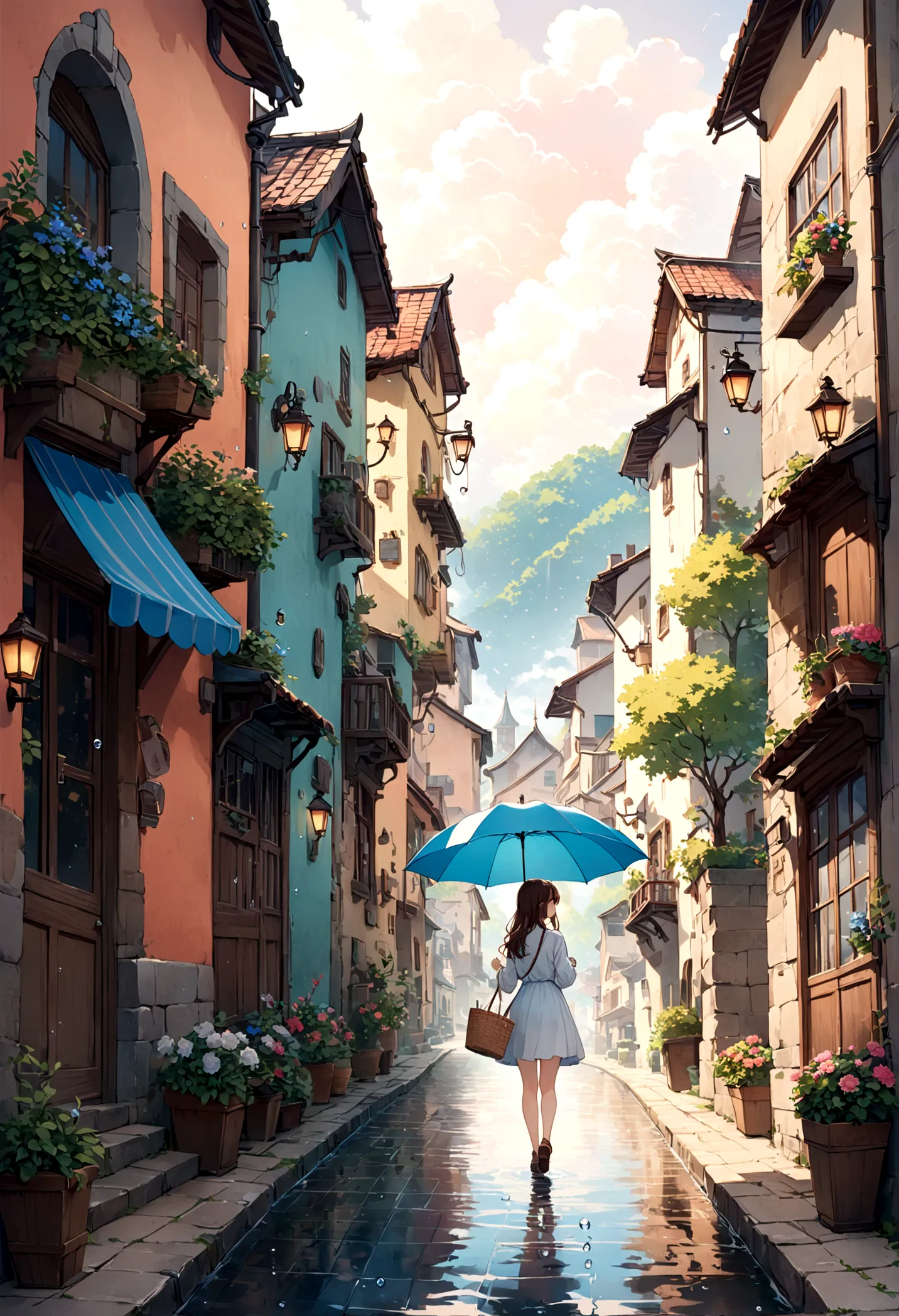 cuteイラスト: landscape,Street corner on a rainy day,絵本に出てくるようなlandscape,Emotional,Girl is walking,break,(Girl with an umbrella),umb...