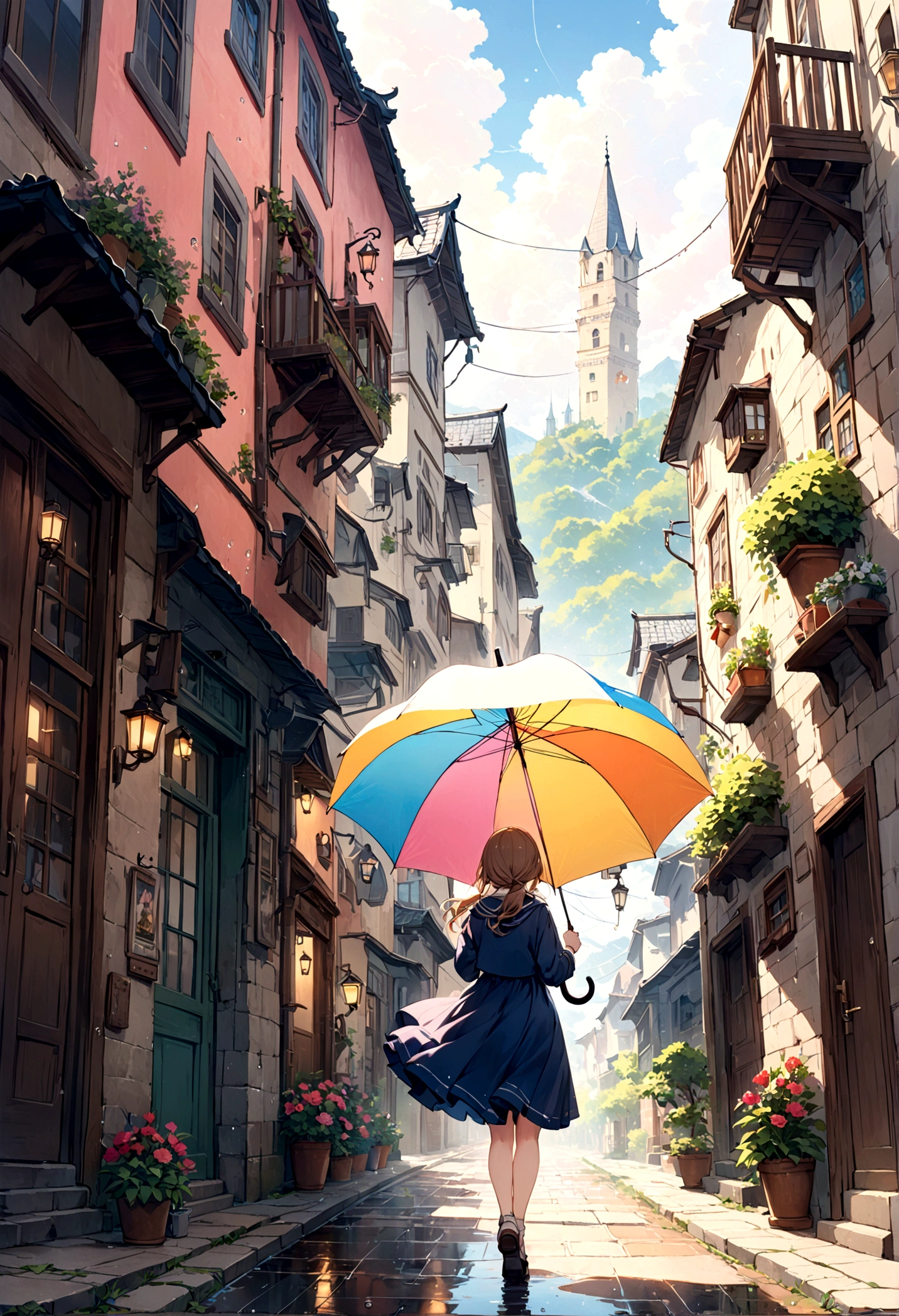 cuteイラスト: landscape,Street corner on a rainy day,絵本に出てくるようなlandscape,Emotional,Girl is walking,break,(Girl with an umbrella),umbrella,Anatomically correct,break,Create an artistic background,Add a drop pattern to the background,The street is colorful, Fairytale-like,This is a cute illustration like a dream.,Blur the lines of the water droplets for an artistic look.,Intricate details,Wide range of colors,artwork,rendering,(masterpiece:1.3),(Highest quality:1.4),(Very detailedな:1.5),High resolution,Very detailed,unity 8k wallpaper,Structurally correct,cute