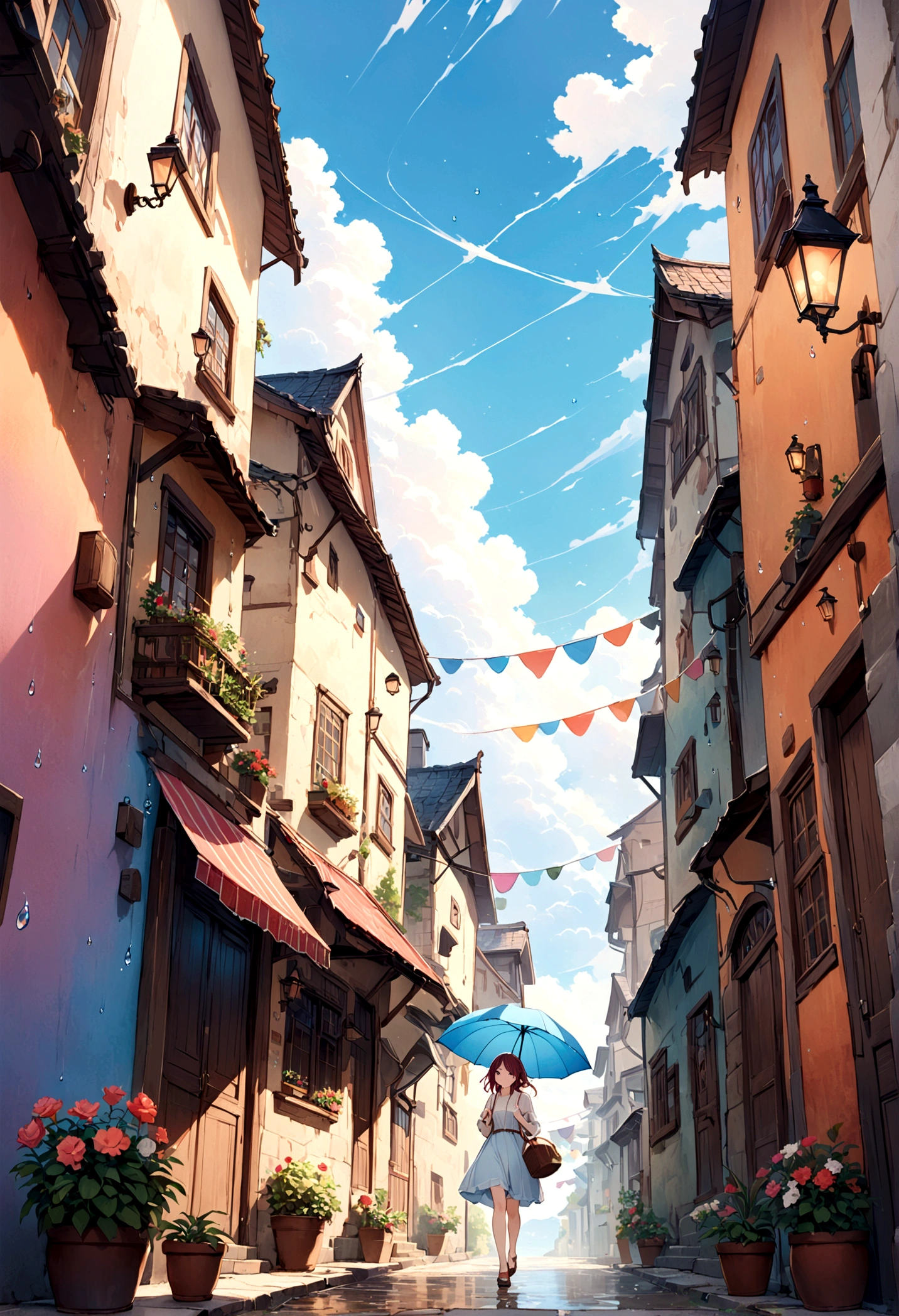 lindoイラスト: paisaje,esquina de la calle en un día lluvioso,絵本に出てくるようなpaisaje,emocional,la chica esta caminando,break,(Chica con paraguas),umbrella,anatómicamente correcto,break,crear un fondo artístico,Agregar un patrón de caída al fondo,La calle es colorida, como un cuento de hadas,This is a lindo illustration like a dream.,Difumina las líneas de las gotas de agua para darle un aspecto artístico..,detalles intrincados,Amplia gama de colores,obra de arte,representación,(Obra maestra:1.3),(de la máxima calidad:1.4),(Muy detalladoな:1.5),alta resolución,Muy detallado,fondo de pantalla de unidad 8k,estructuralmente correcto,lindo